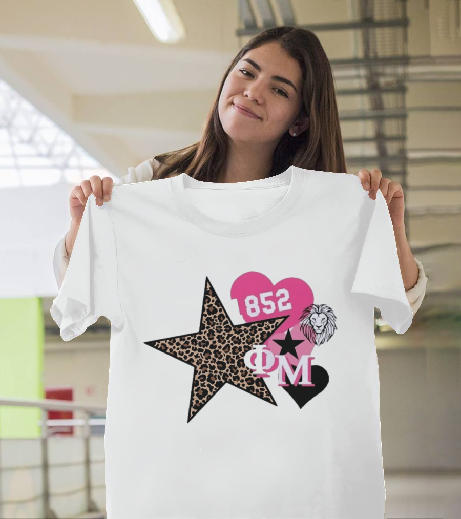 Phi Mu 1852 Leopard Star Lion 852 Pink Heart Sorority T-Shirt