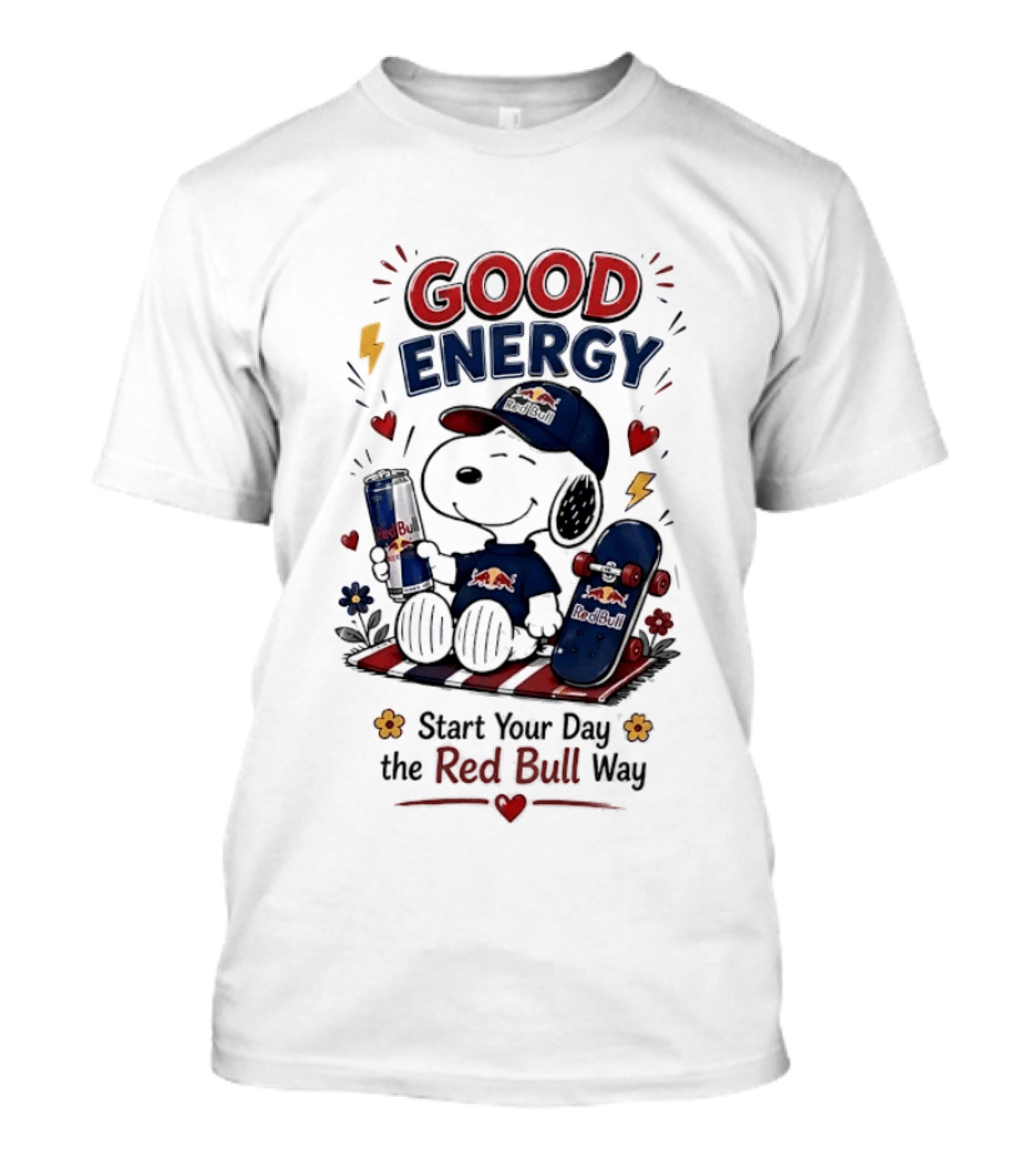 Snoopy Good Energy Start Your Day The Red Bull Way Skateboard And Drink T-Shirt