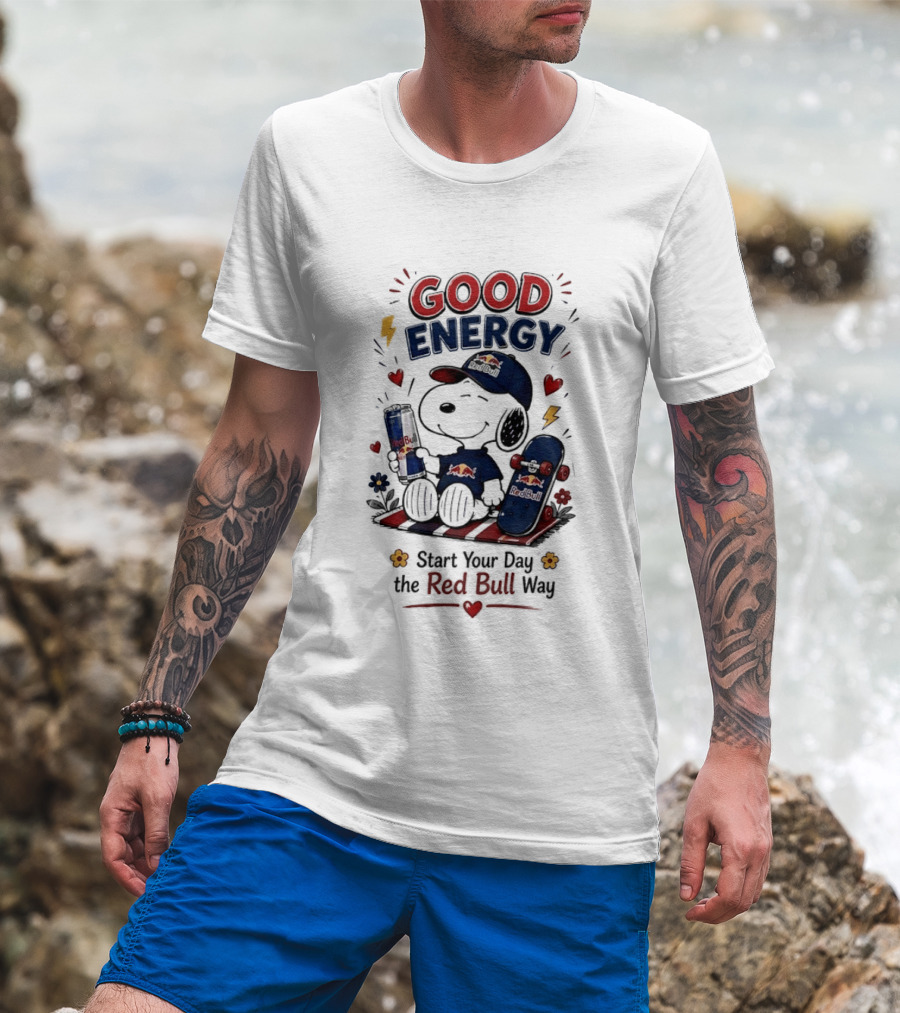 Snoopy Good Energy Start Your Day The Red Bull Way Skateboard And Drink T-Shirt
