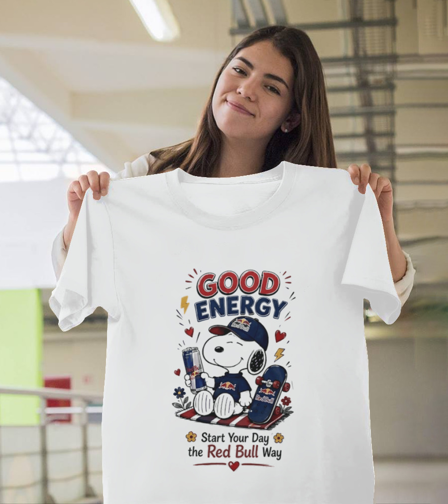 Snoopy Good Energy Start Your Day The Red Bull Way Skateboard And Drink T-Shirt