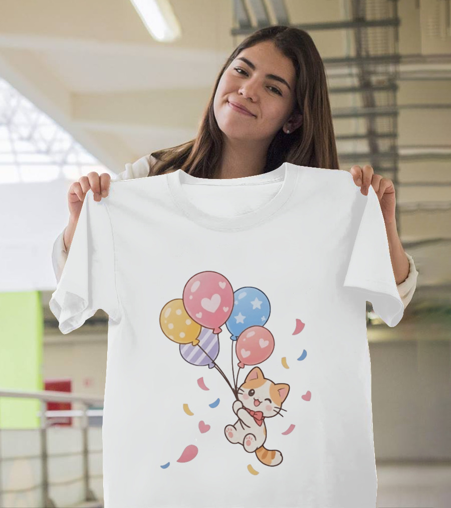 Cat Floating With Colorful Balloons T-Shirt