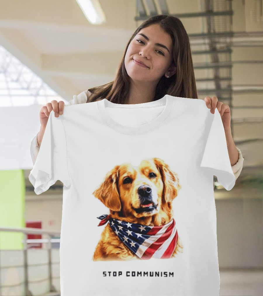 Golden Retriever Wearing American Flag Bandana Stop Communism T-Shirt