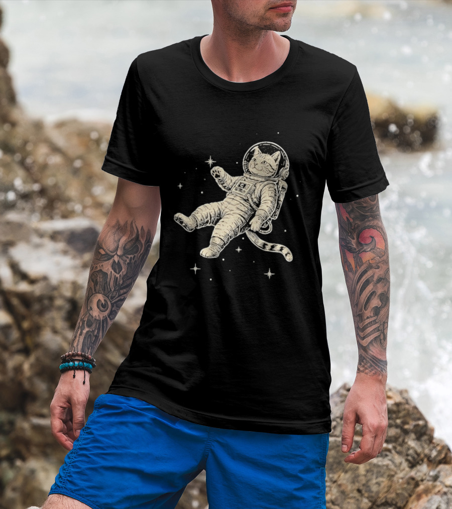 Astronaut Cat Floating In Space With Stars And Helmet T-Shirt