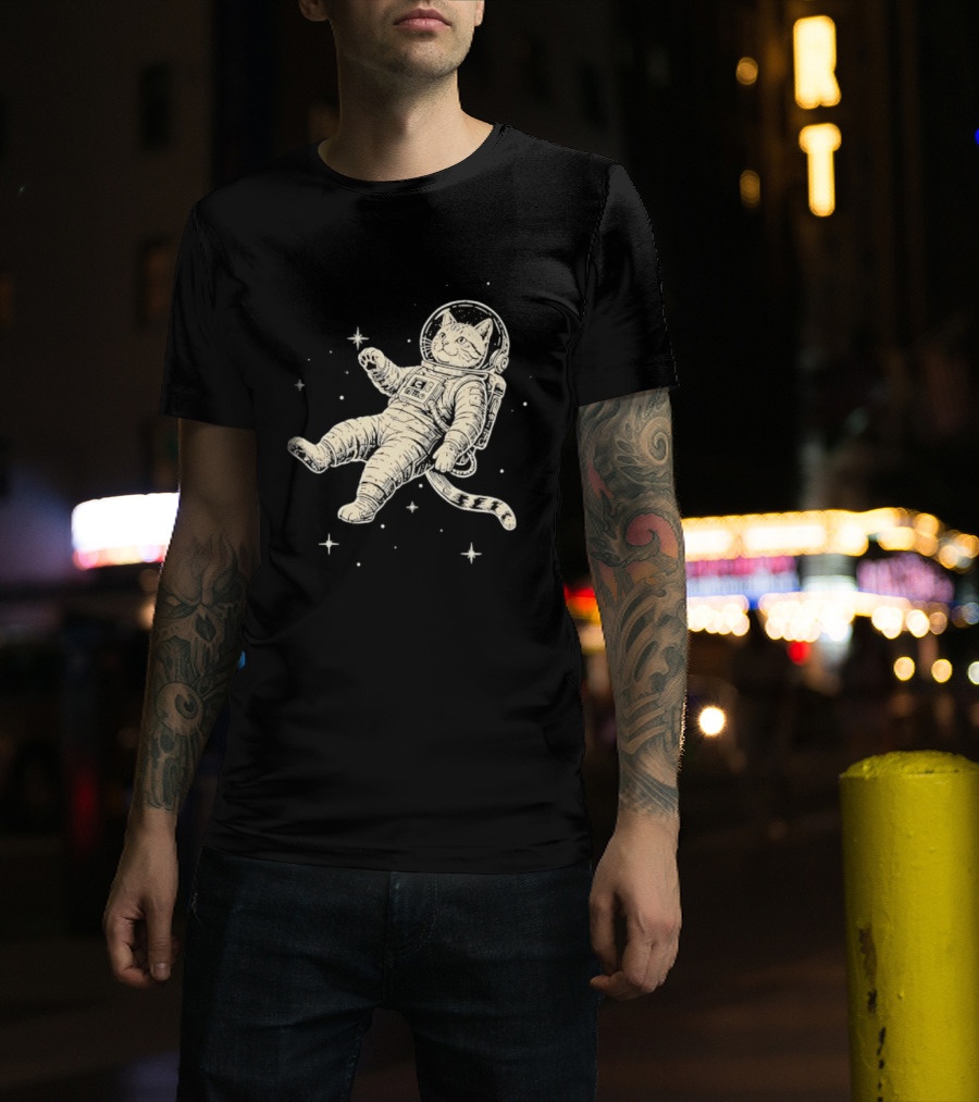 Astronaut Cat Floating In Space With Stars And Helmet T-Shirt