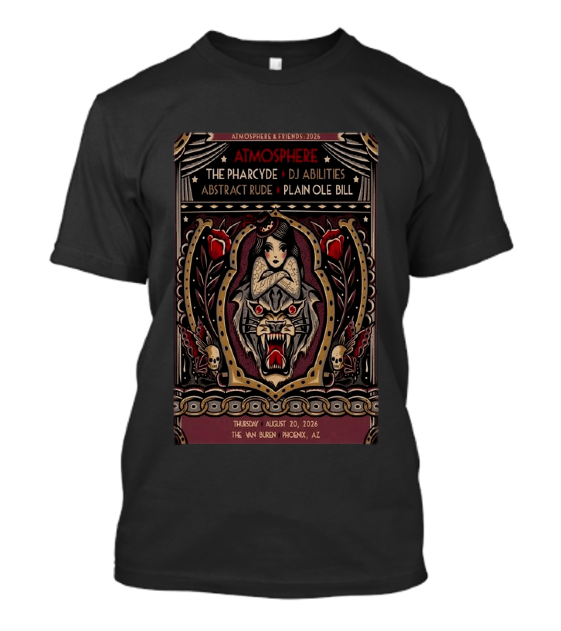 Atmosphere & Friends 2026 The Van Buren Phoenix AZ Featuring The Pharcyde DJ Abilities Abstract Rude Plain Ole Bill T-Shirt