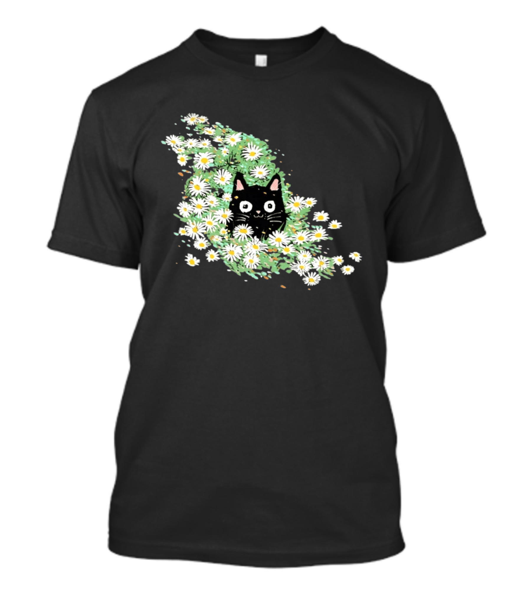 Black Cat Surrounded By Daisies In A Field T-Shirt