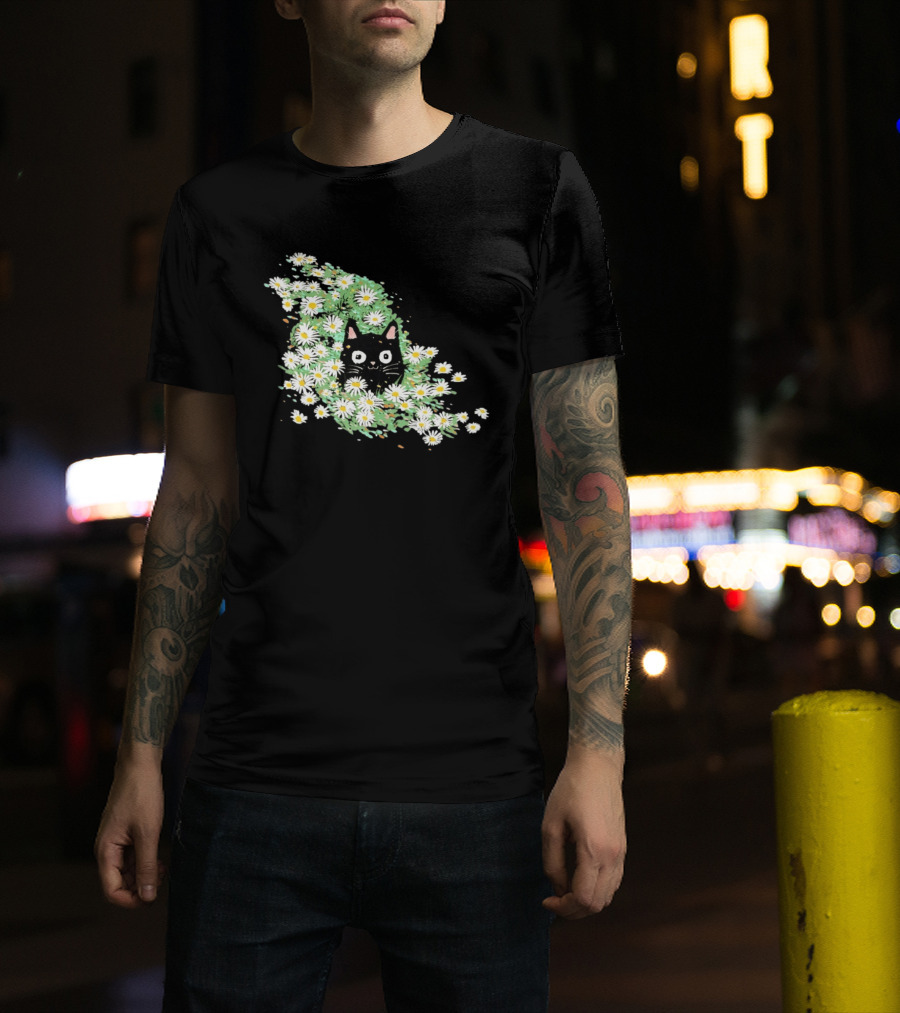 Black Cat Surrounded By Daisies In A Field T-Shirt