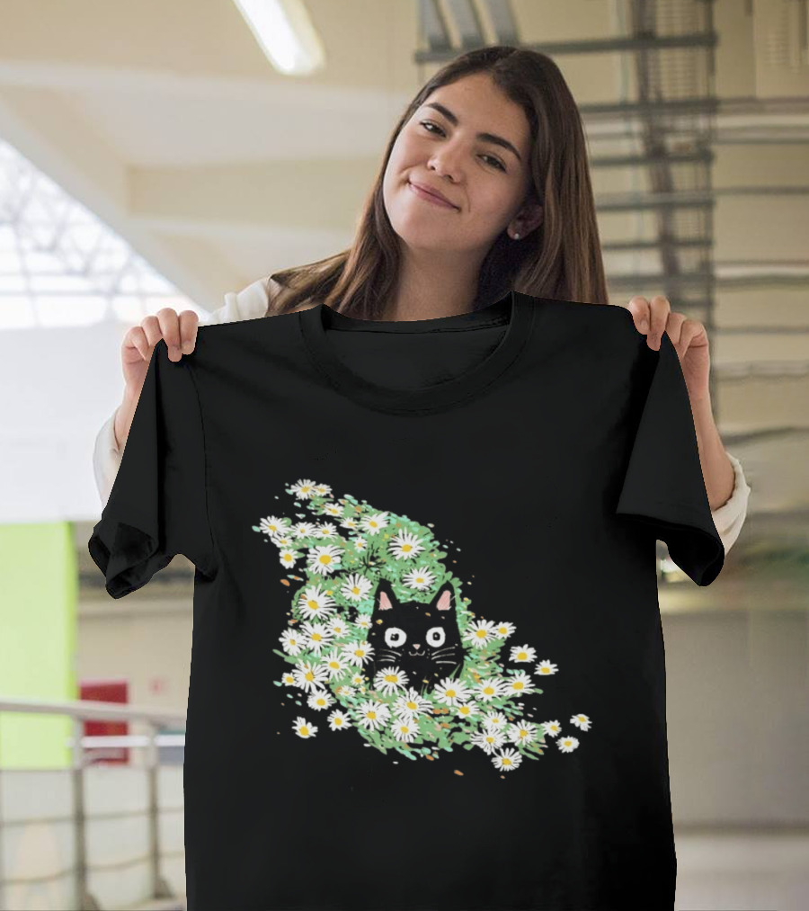 Black Cat Surrounded By Daisies In A Field T-Shirt