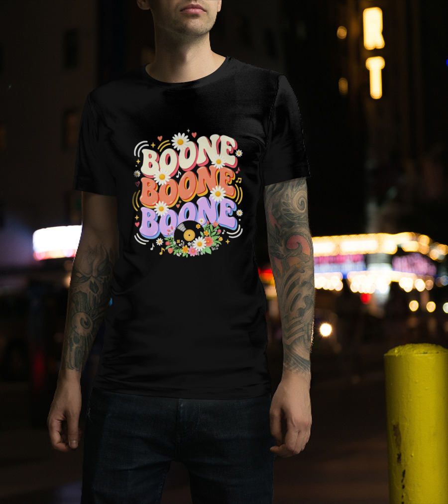 Boone Floral Vinyl Record Music Lover Colorful Daisy Notes Hearts T-Shirt