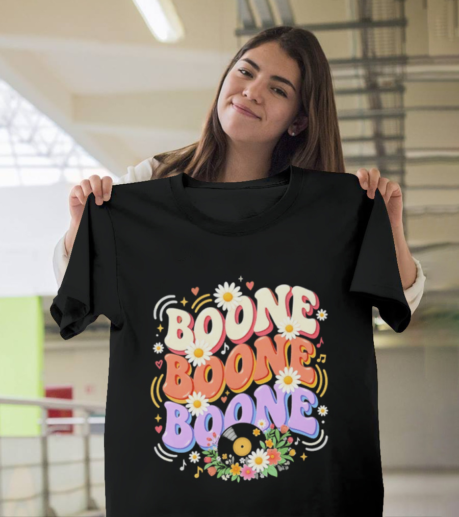 Boone Floral Vinyl Record Music Lover Colorful Daisy Notes Hearts T-Shirt