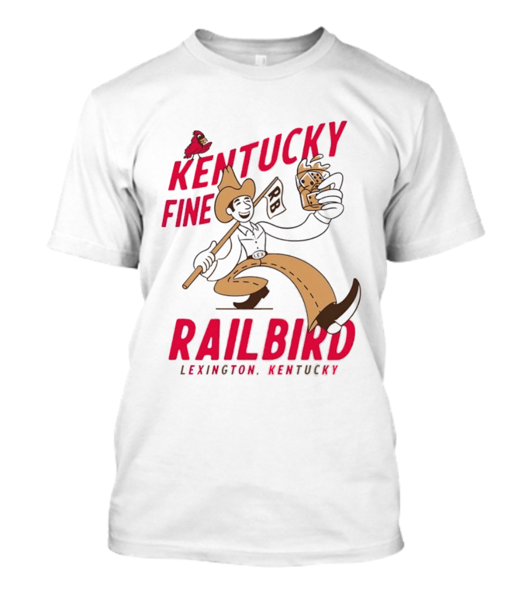 Kentucky Fine Railbird Lexington Kentucky Cowboy With Trophy And Cardinal T-Shirt