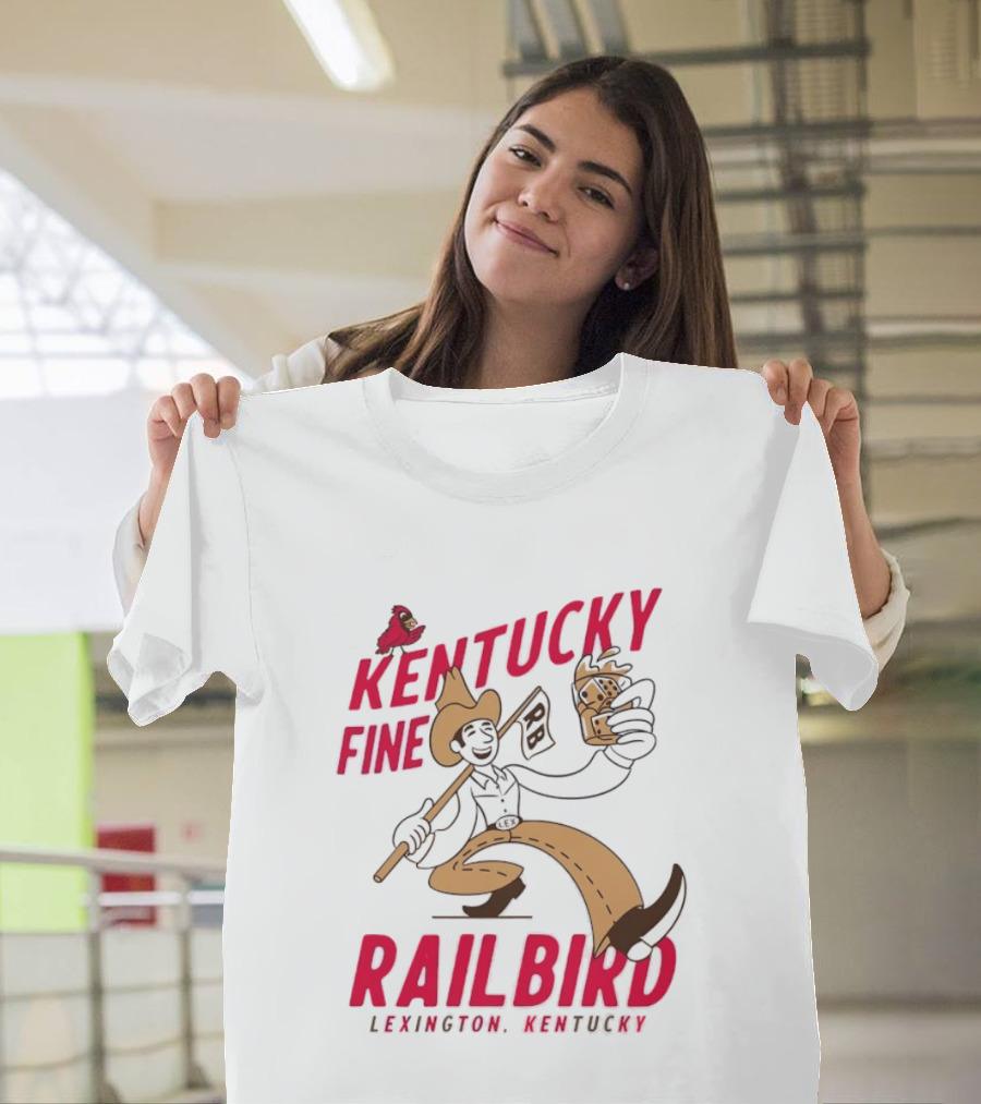 Kentucky Fine Railbird Lexington Kentucky Cowboy With Trophy And Cardinal T-Shirt