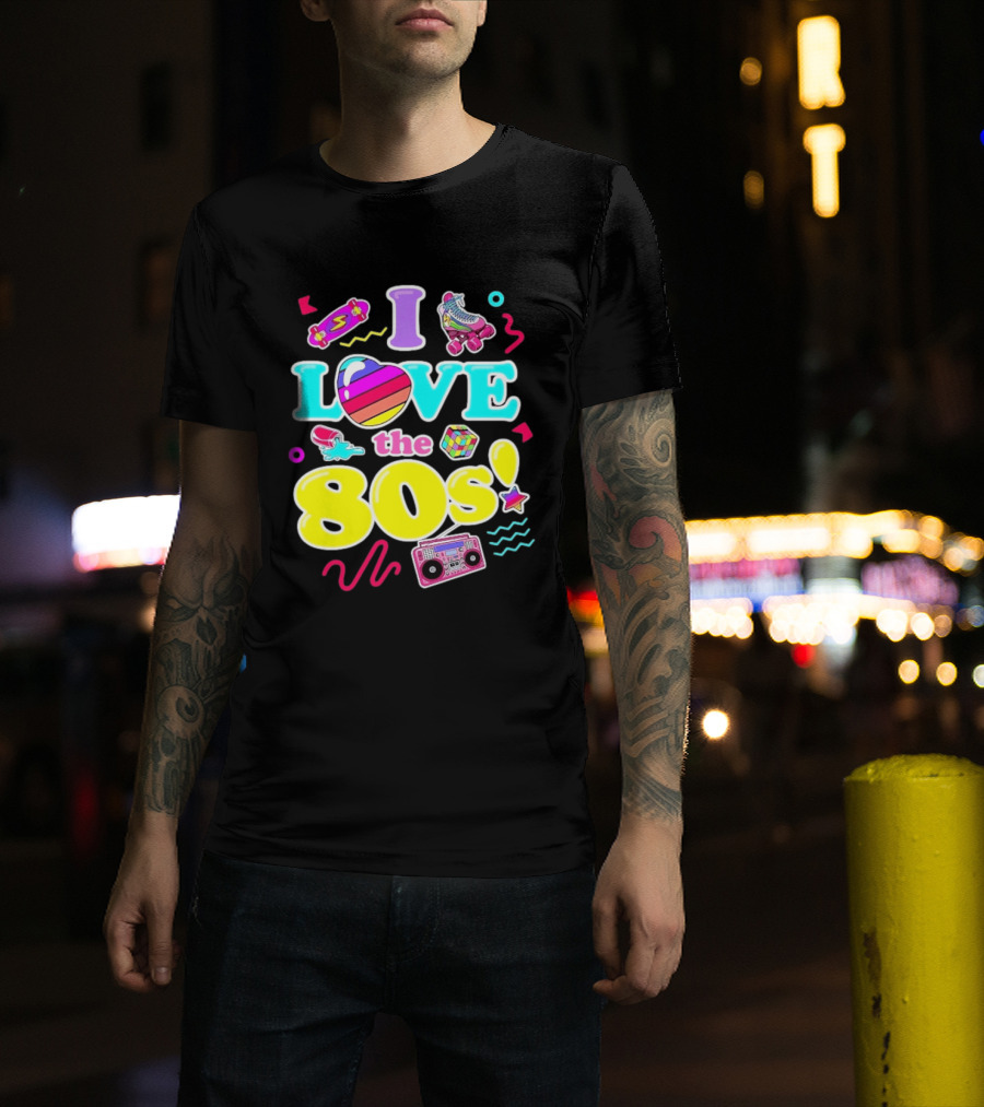 I Love The 80s Nostalgia Roller Skates Boombox Rubik's Cube Retro Fun T-Shirt