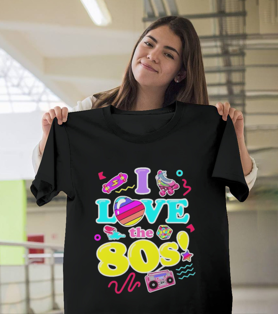 I Love The 80s Nostalgia Roller Skates Boombox Rubik's Cube Retro Fun T-Shirt
