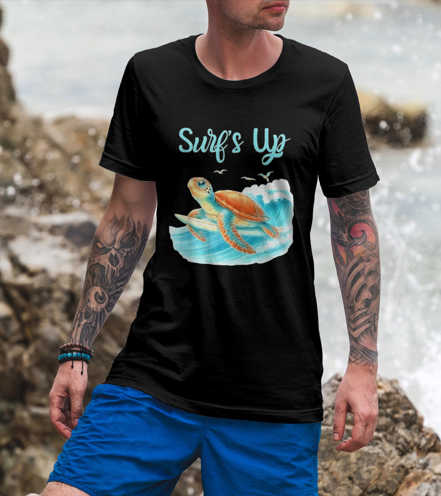 Surf's Up Turtle Riding Surfboard On Big Wave T-Shirt