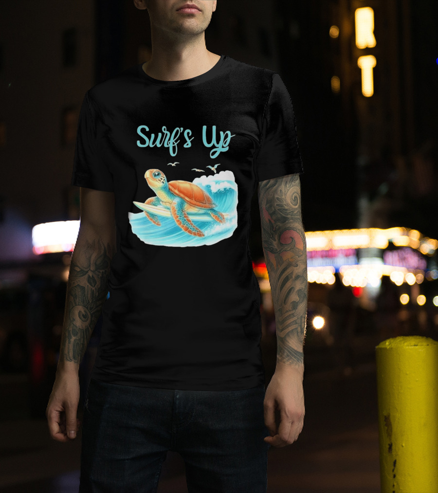 Surf's Up Turtle Riding Surfboard On Big Wave T-Shirt