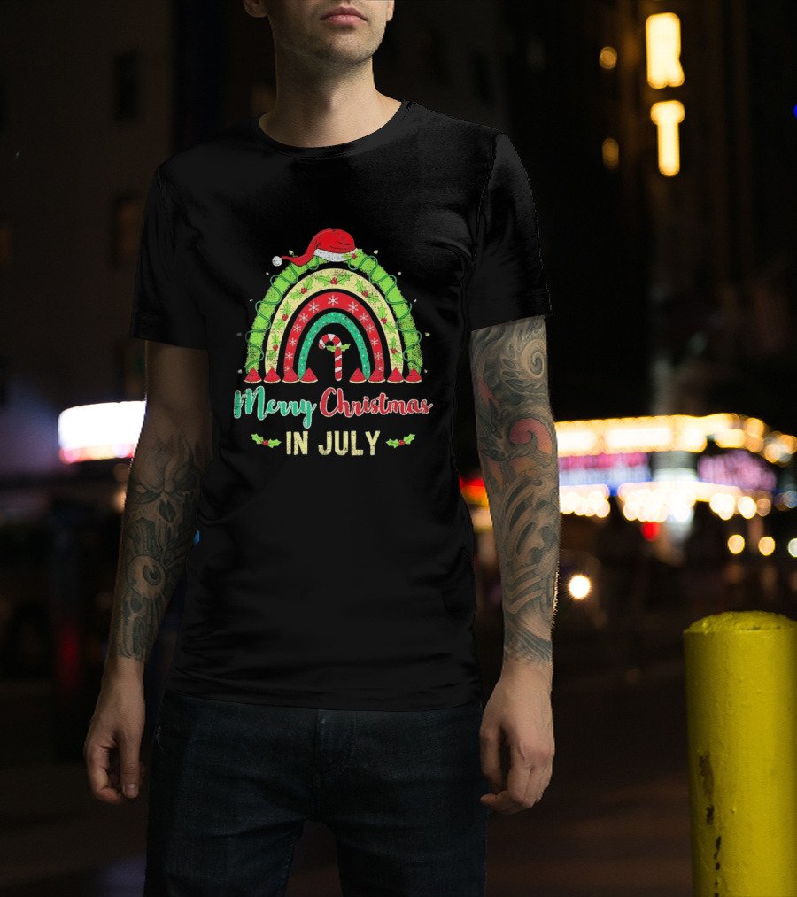 Merry Christmas In July Distressed Rainbow With Santa Hat And Candy Cane T-Shirt