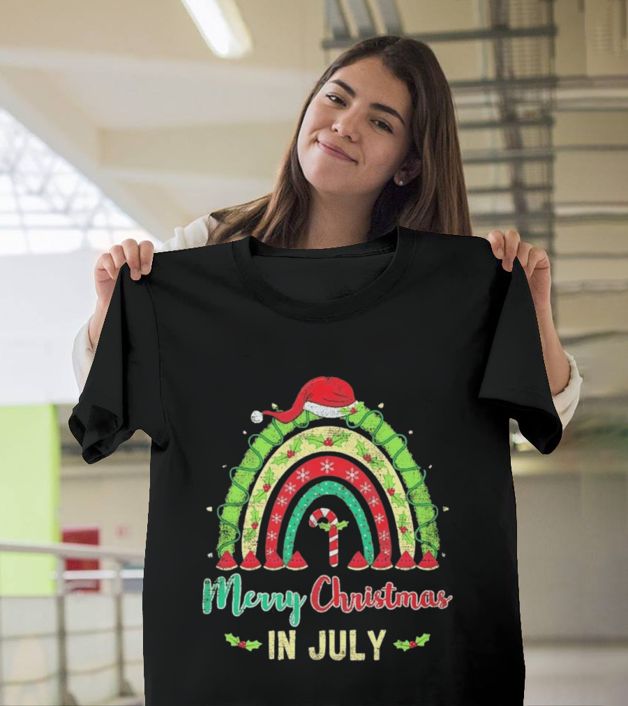 Merry Christmas In July Distressed Rainbow With Santa Hat And Candy Cane T-Shirt