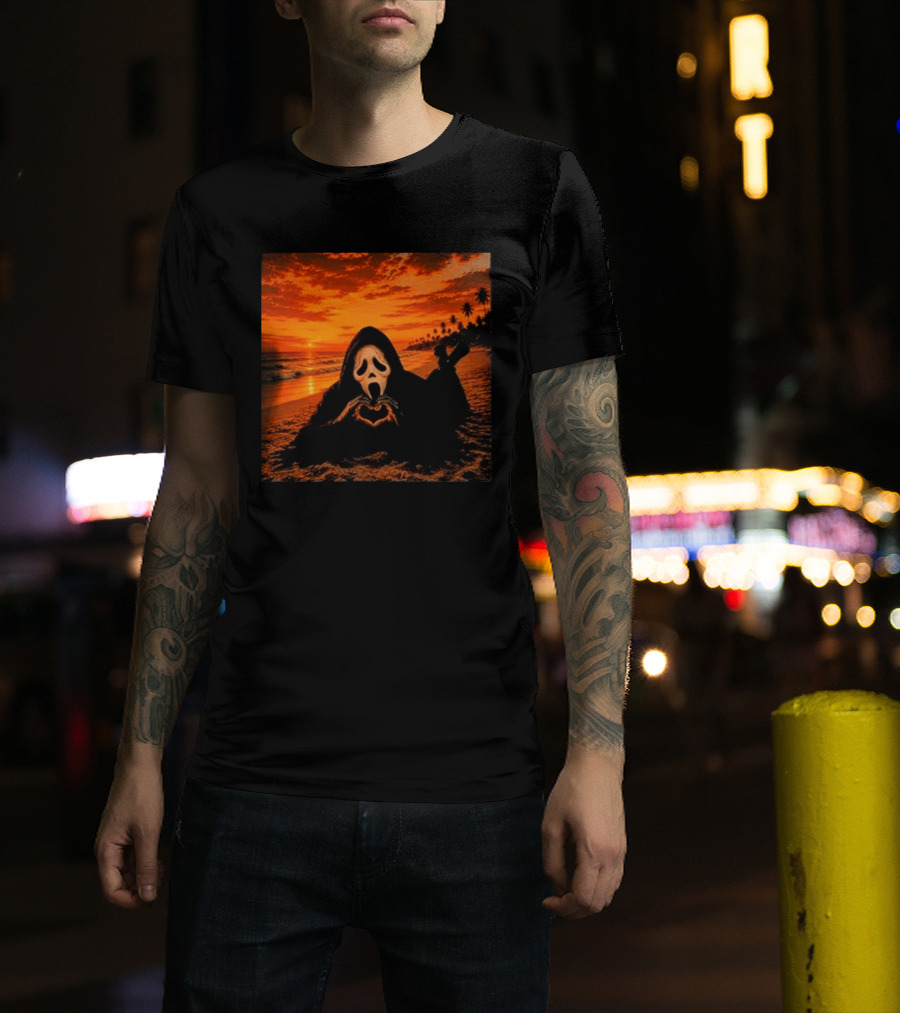 Ghostface Heart Hands Beach Sunset Halloween 2026 T-Shirt