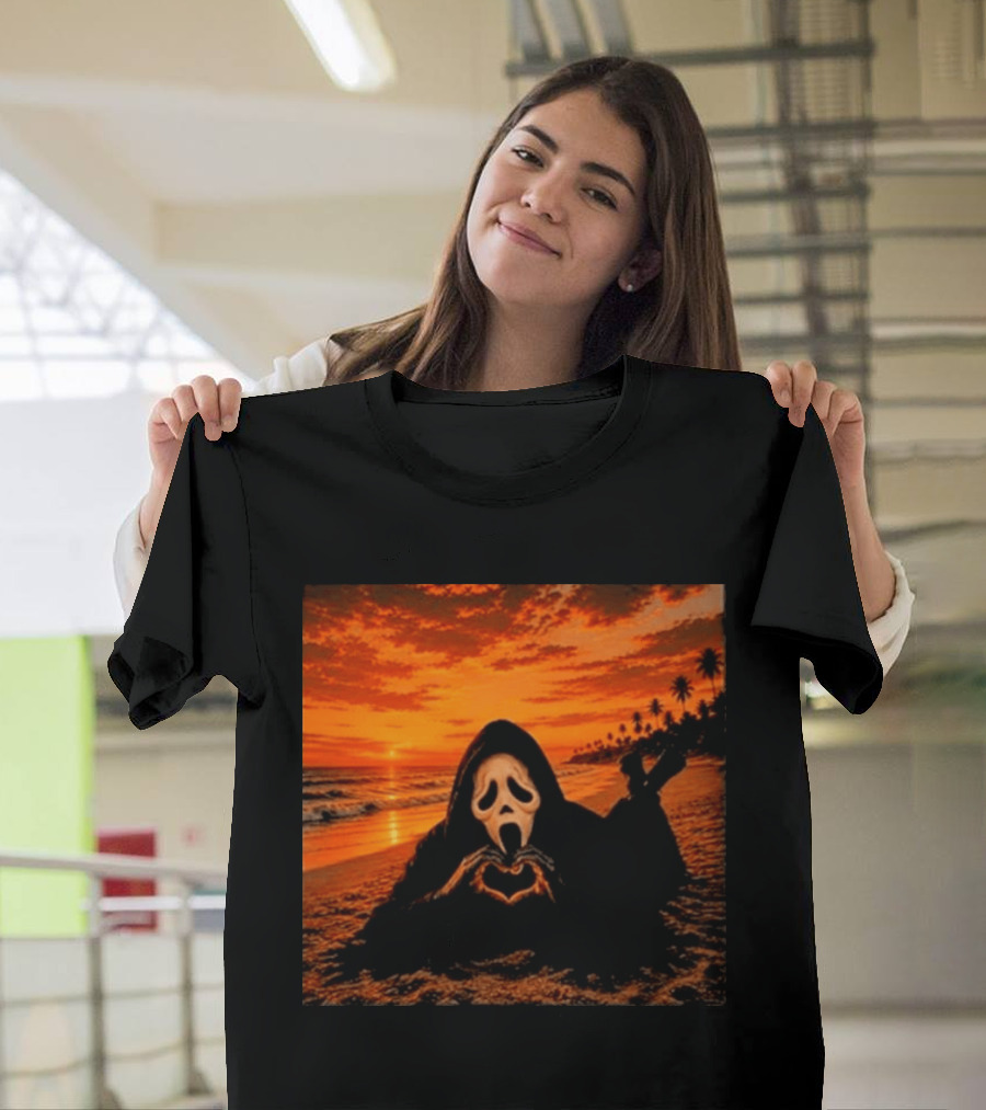 Ghostface Heart Hands Beach Sunset Halloween 2026 T-Shirt