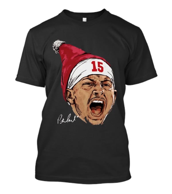 Pat Mahomes Screaming Face Red Santa Hat Number 15 Halftone Caricature T-Shirt