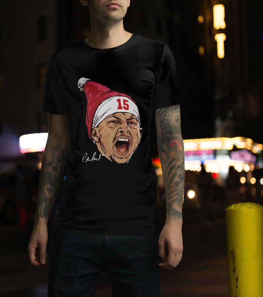 Pat Mahomes Screaming Face Red Santa Hat Number 15 Halftone Caricature T-Shirt