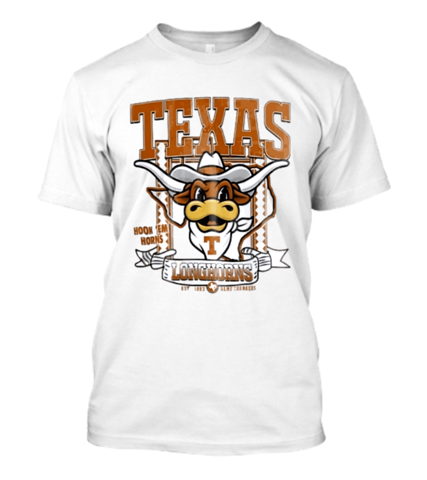 Texas Longhorns Hook Em Horns Game Changers Est 1883 State Map Cartoon T-Shirt