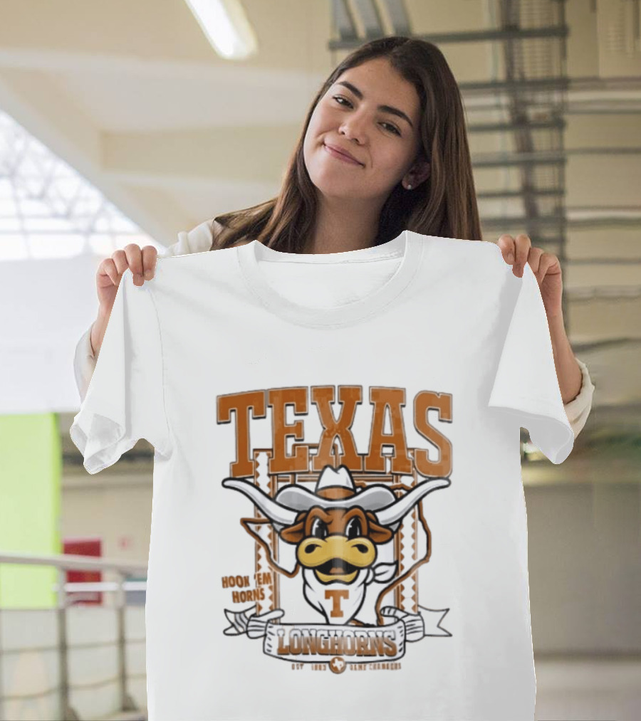 Texas Longhorns Hook Em Horns Game Changers Est 1883 State Map Cartoon T-Shirt