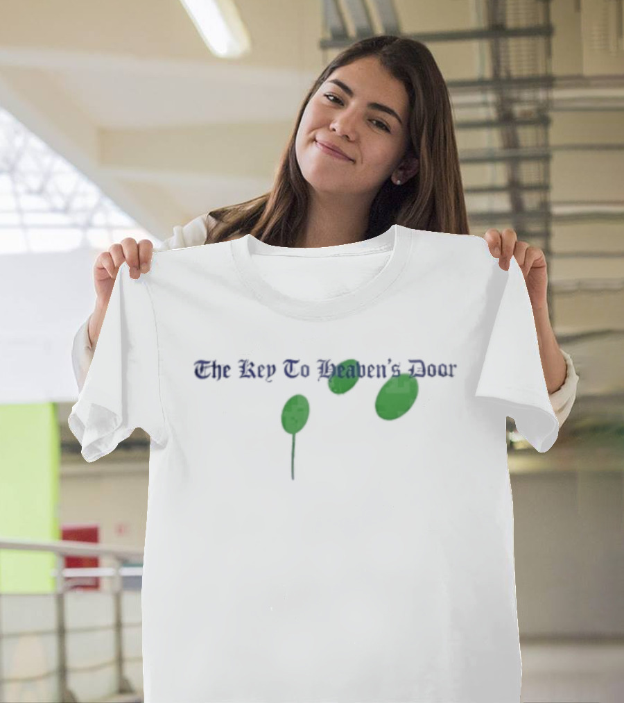 The Key To Heaven's Door Blue Lettering Three Green Ovals With Stem T-Shirt