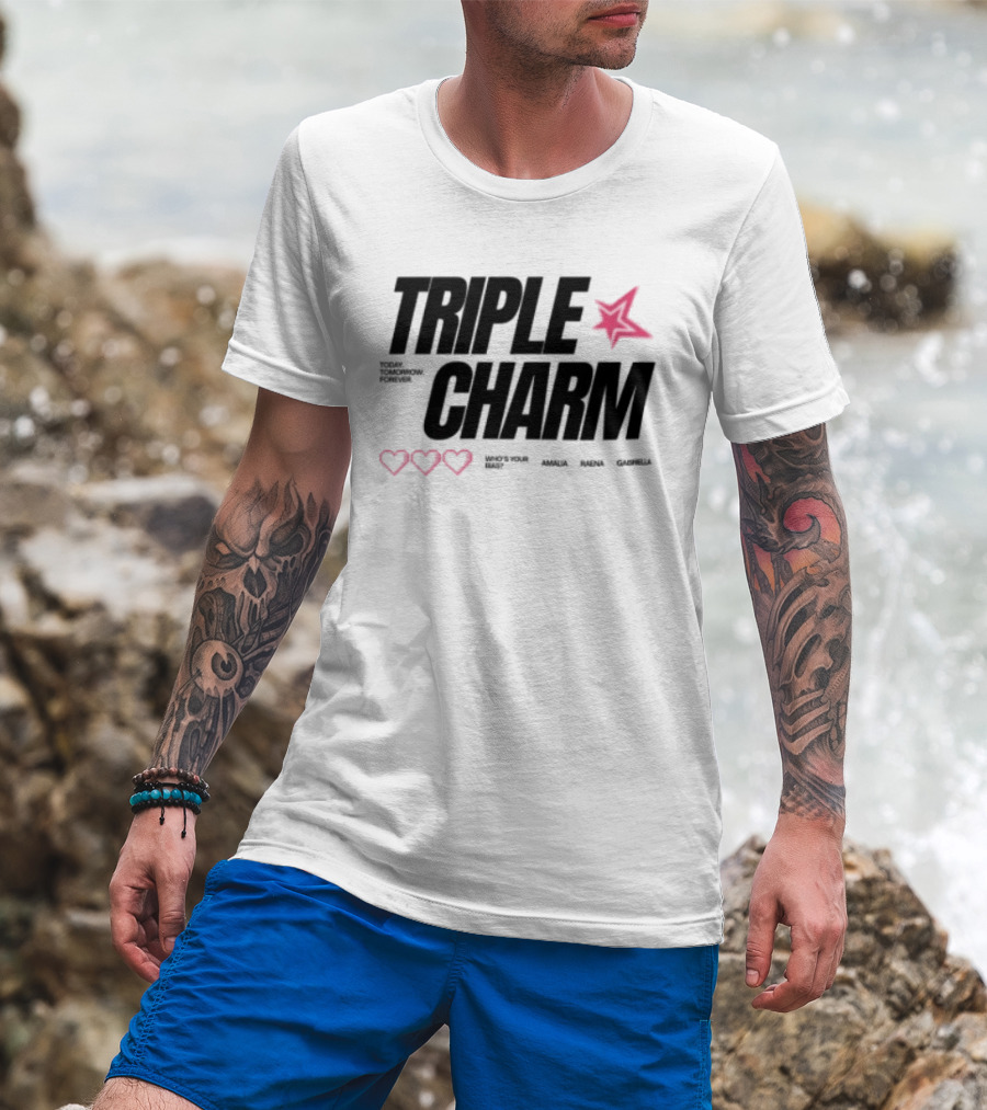 Triple Charm White Hearts Pink Star T-Shirt