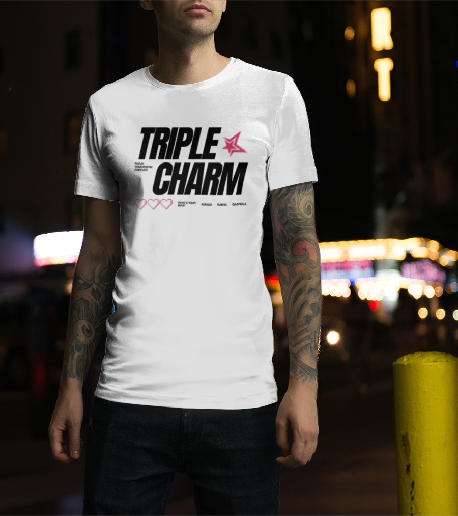 Triple Charm White Hearts Pink Star T-Shirt