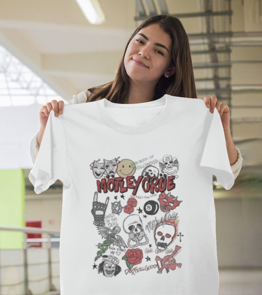 Motley Crue Album Doodle Collage Smiley Skull Roses Punk Rock T-Shirt