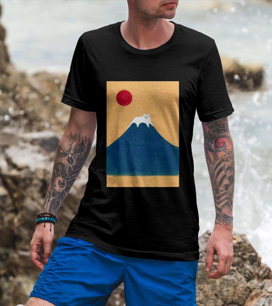 Meow Fuji Cat With Red Sun Illustration Japan T-Shirt