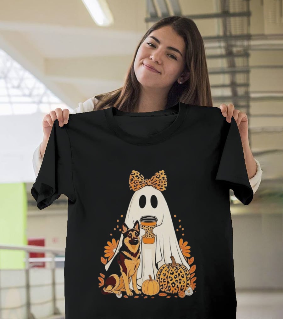 German Shepherd Ghost Leopard Pumpkin Coffee Halloween Bow T-Shirt