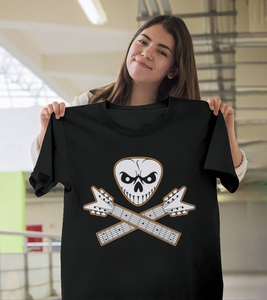 Guitar Pick Skull Crossed Guitars Rock Metal Music T-Shirt