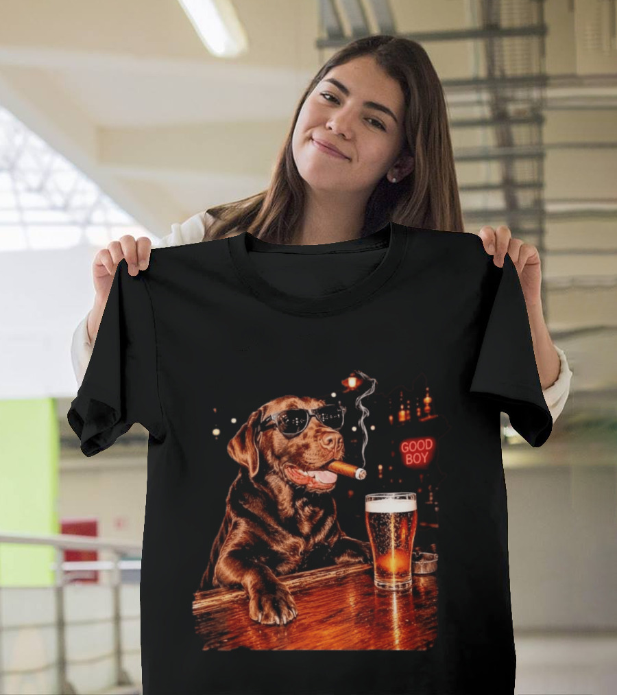 Silly Chocolate Labrador Retriever Drinking Beer Cigar Dog Good Boy Bar Night T-Shirt