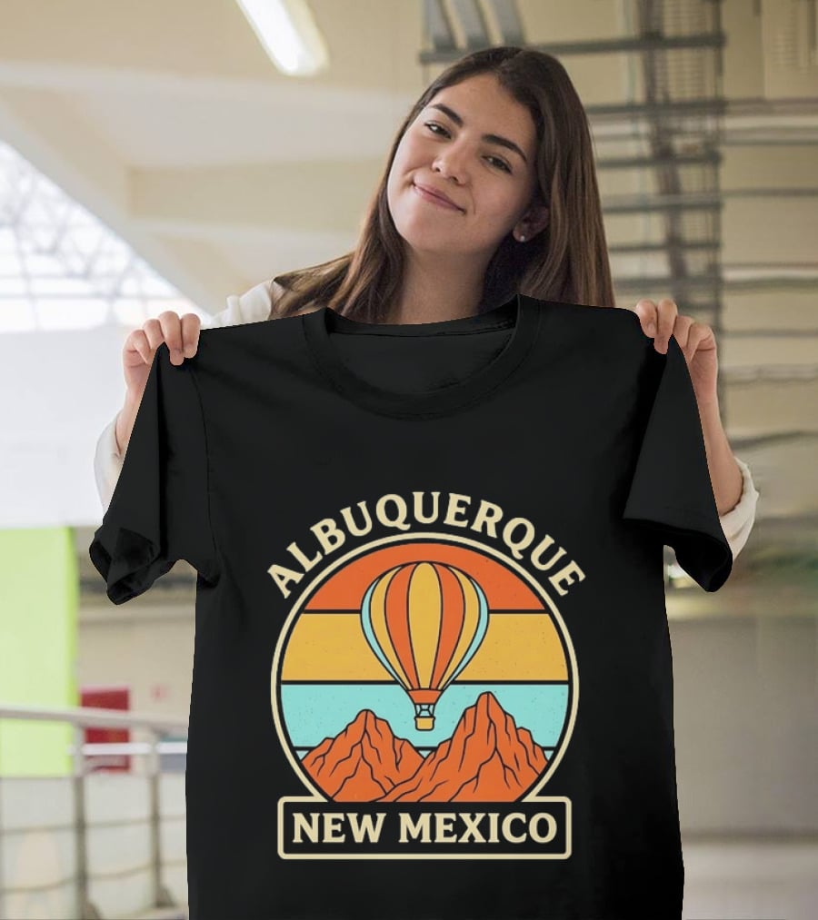 Albuquerque New Mexico Hot Air Balloon Over Mountains T-Shirt