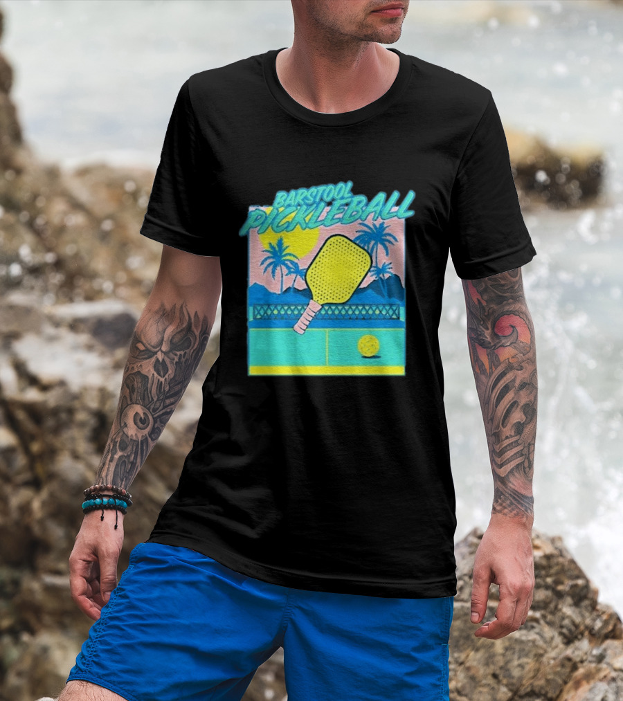 Barstool Pickleball Tropical Retro Paddle And Palm Trees T-Shirt