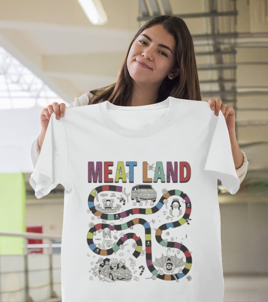 Meatcanyon Store Meat Land Off White Board Game Path Characters T-Shirt