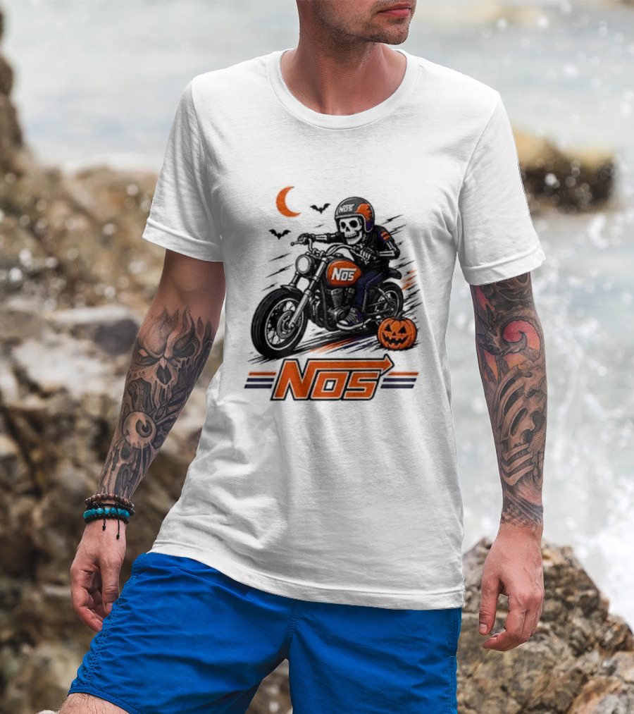 NOS Skeleton Biker Halloween Pumpkin Moon Bats T-Shirt