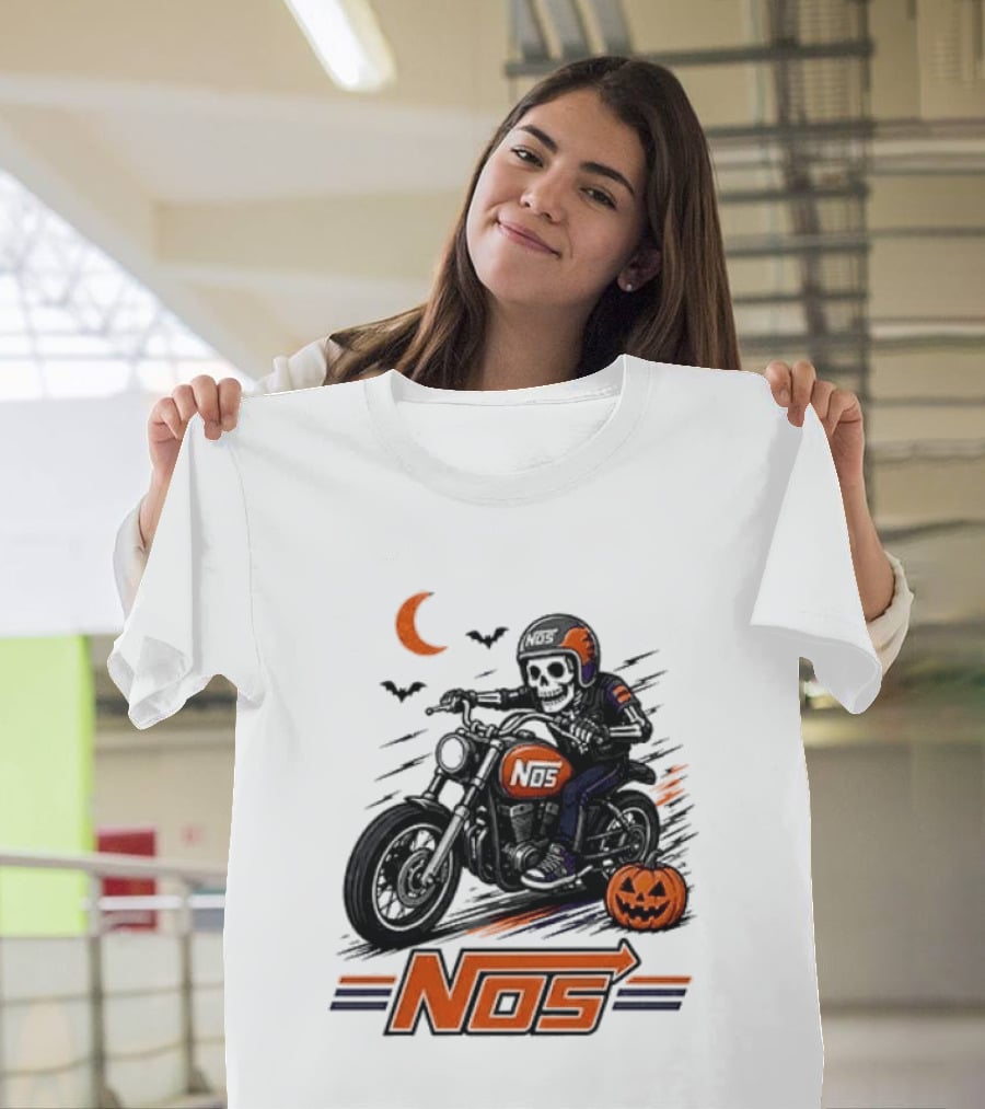 NOS Skeleton Biker Halloween Pumpkin Moon Bats T-Shirt