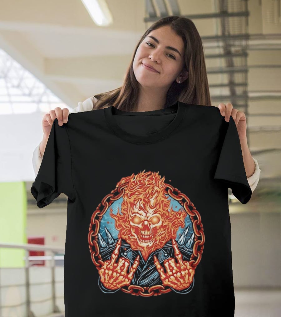 Ghost Rider Flaming Skull Heavy Metal Fiery Chain Rock And Roll T-Shirt