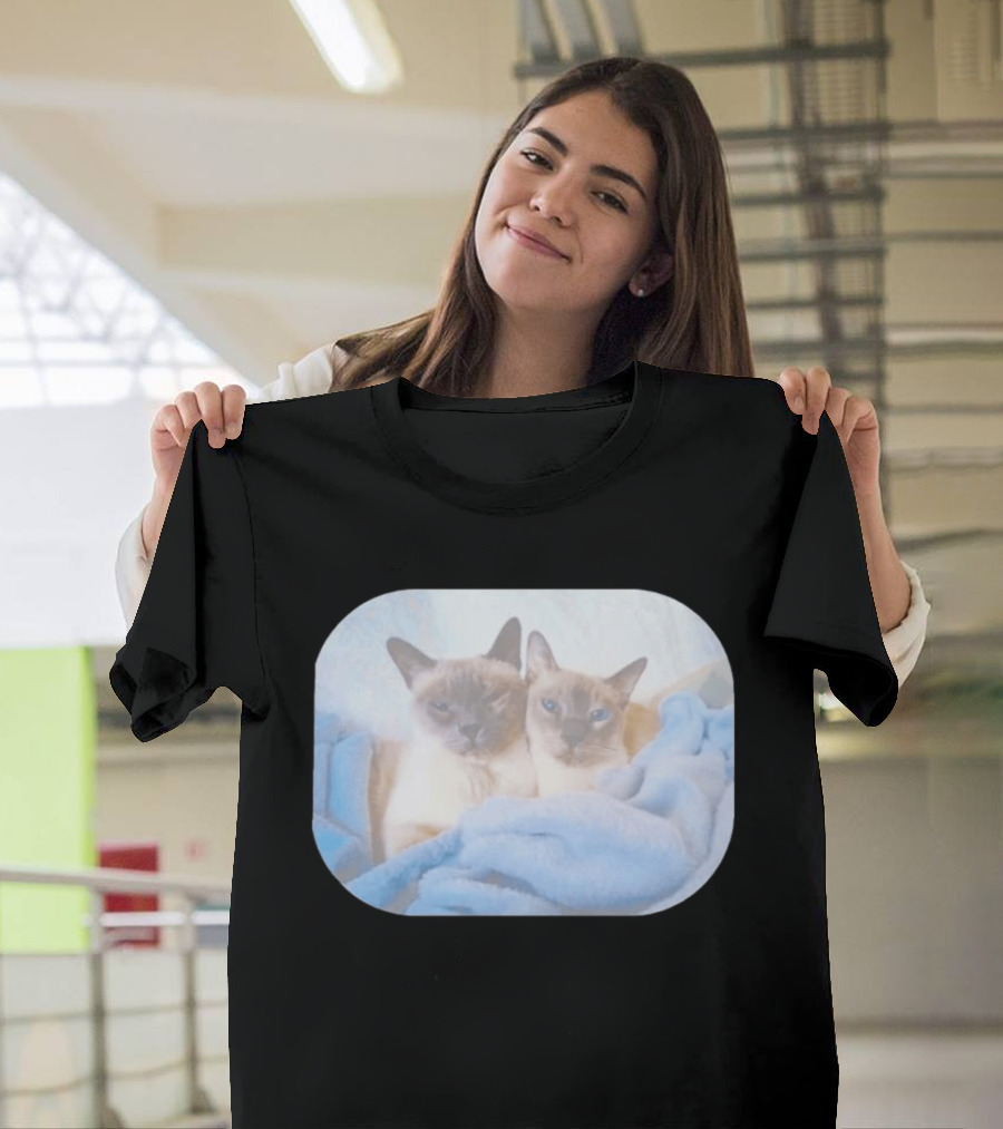 Siamese Cats Snuggling In Blue Blanket T-Shirt