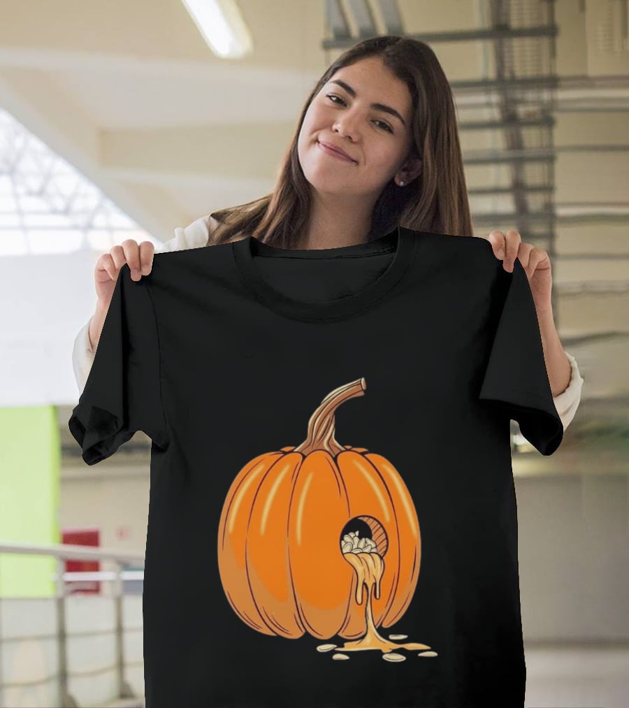 Gourdy Hole Halloween Pumpkin With Seeds Streaming Out T-Shirt
