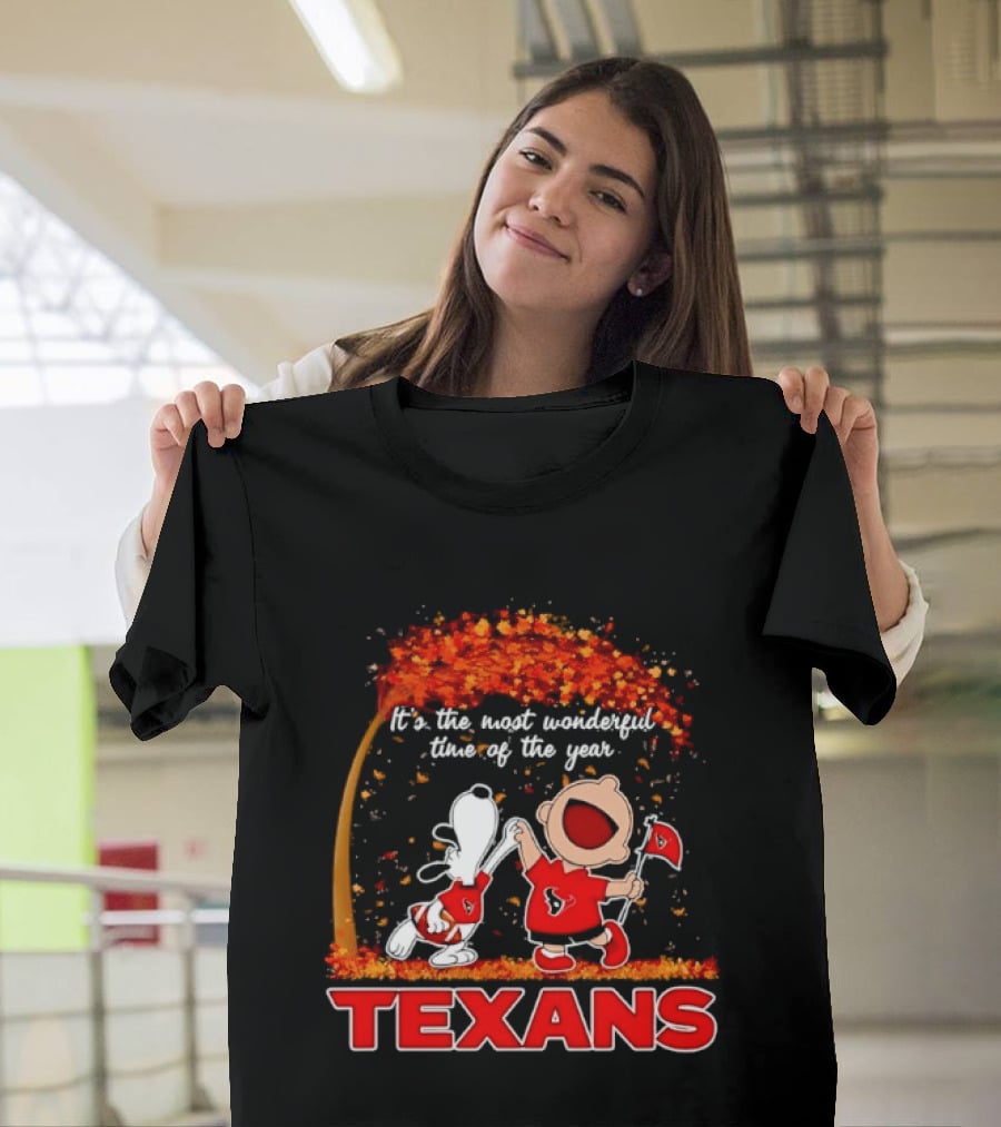 Snoopy And Charlie Brown It's The Most Wonderful Time Of The Year Texans Football Fan Celebration T-Shirt