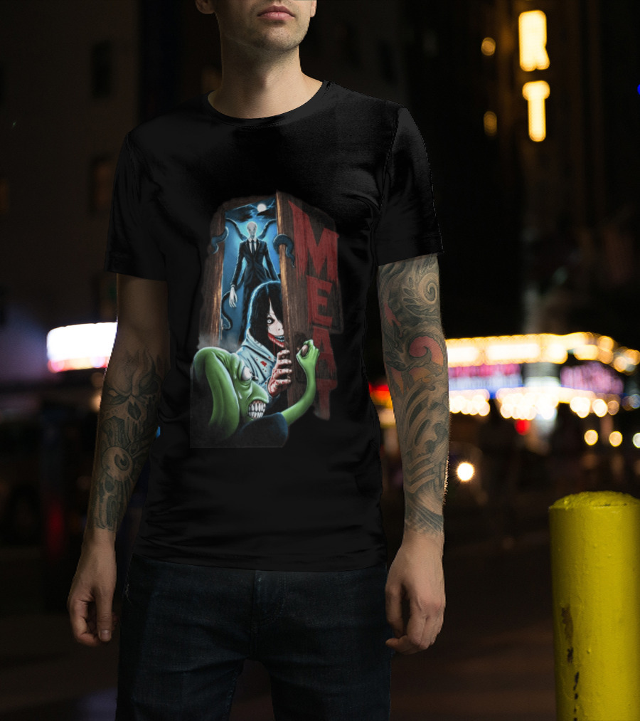 Meatcanyon Store Knock Knock Creepy Distressed Characters Horror Scene T-Shirt