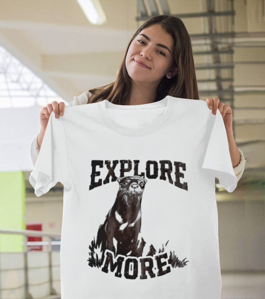 Explore More River Otter Tall Grass Distressed Woodcut Black White T-Shirt