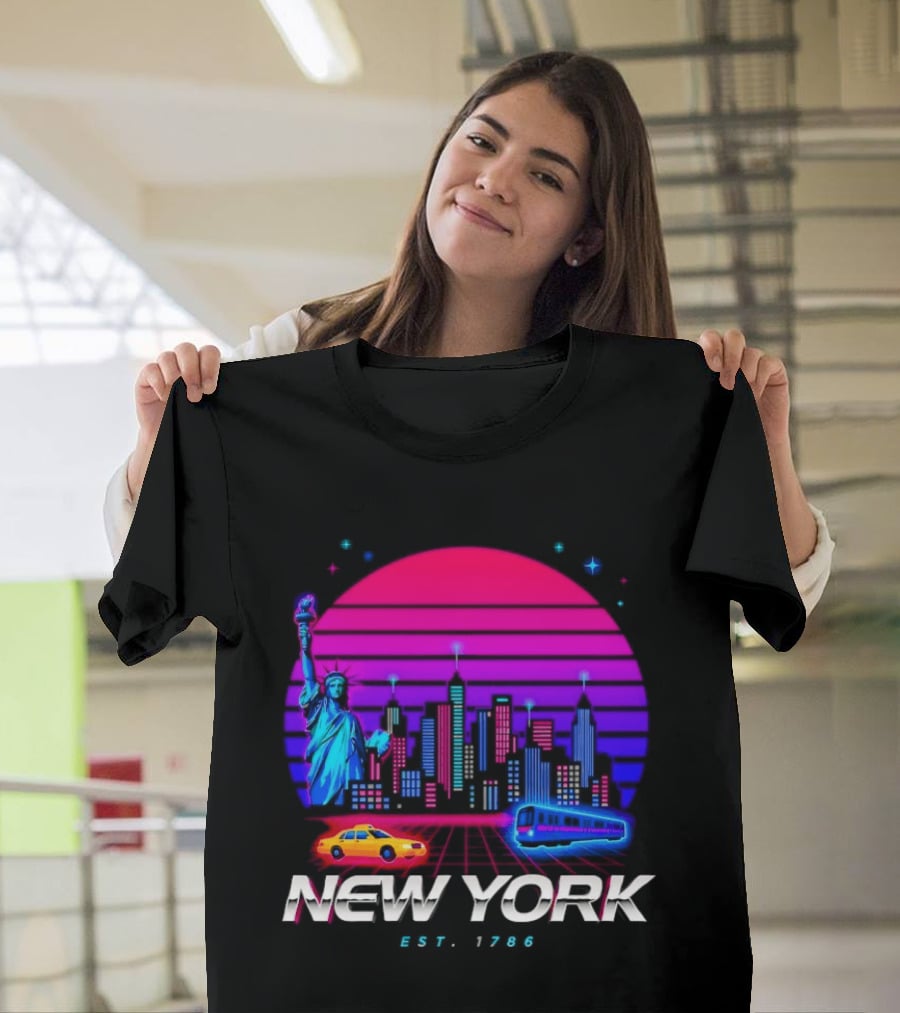 New York Est 1786 Cityscape Synthwave Statue Of Liberty Neon Skyline Retro Car T-Shirt