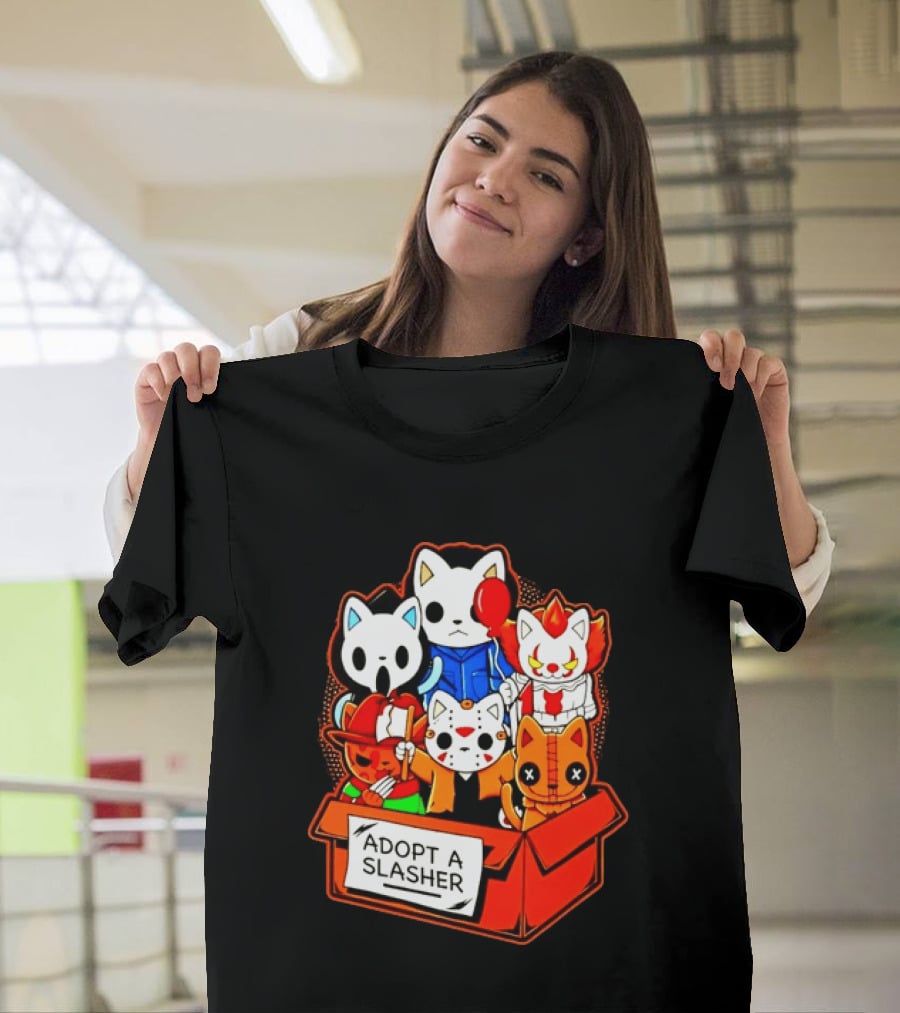 Adopt A Slasher Horror Movie Cat Characters Box Featuring Iconic Halloween Villains T-Shirt
