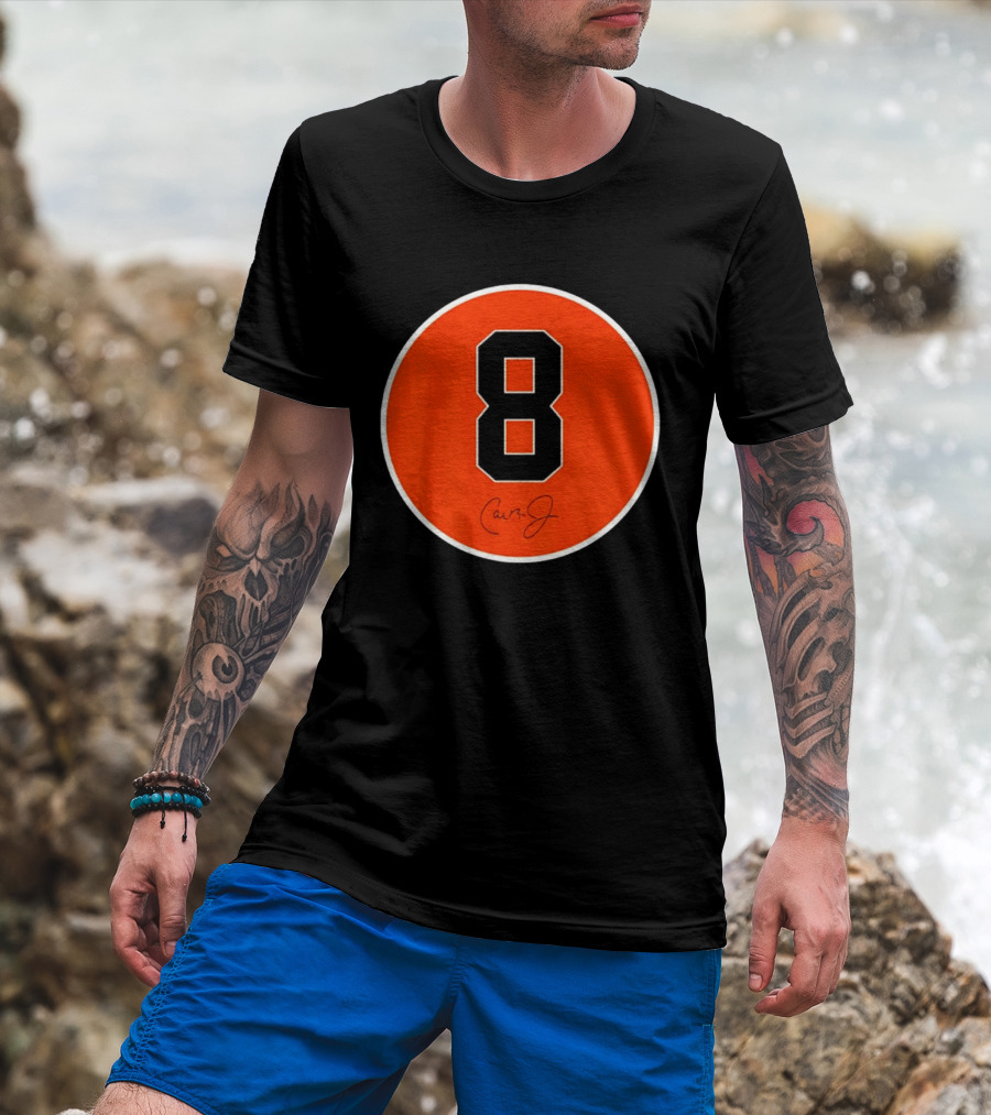 Cal Ripken Jr Number 8 Baltimore Orioles Team Circle Orange T-Shirt